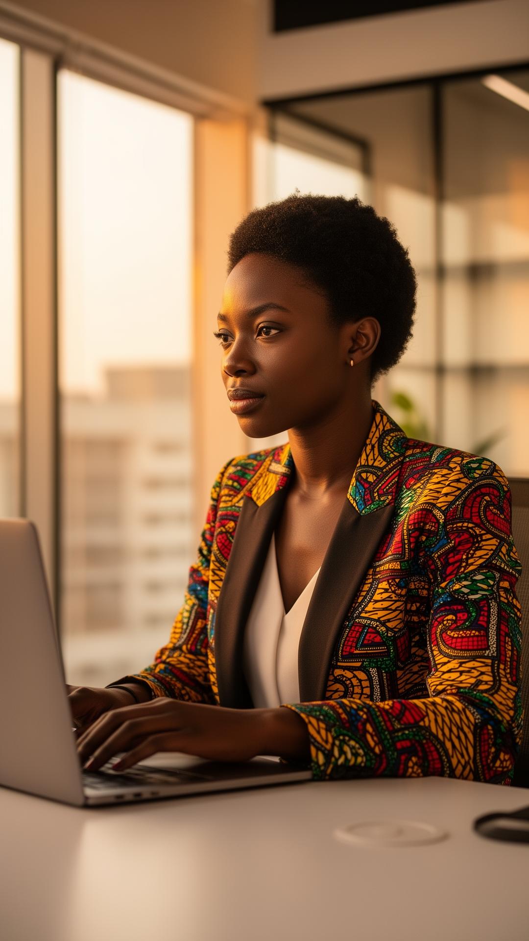 A communications professional on a video call in a warm, sunlit office.